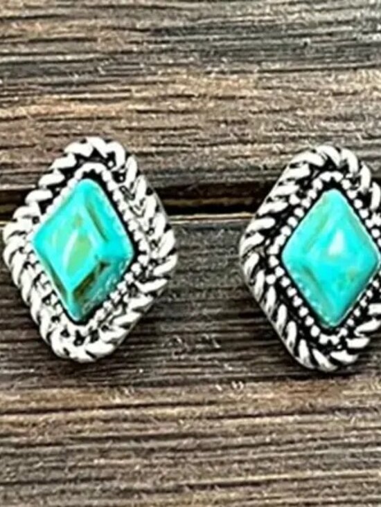 Buckarootique Jewelry - Turquoise Stud Earrings Western Boho Southwestern Rodeo Silver Rope Studs